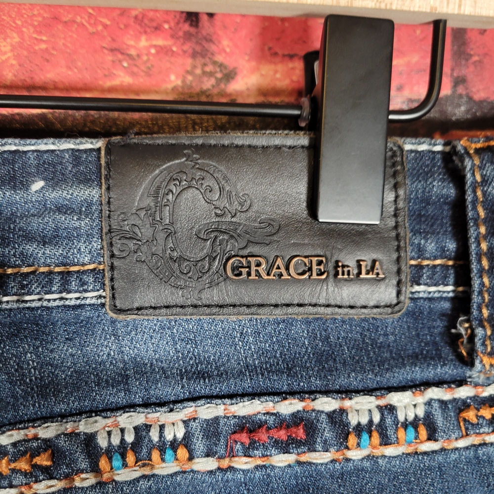 Grace in LA Women's Boot Cut Jeans - Dark Blue with Embellished Trim - Picture 4 of 7